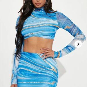 Fashion Nova Swirl Blue and Gold Mini Dress